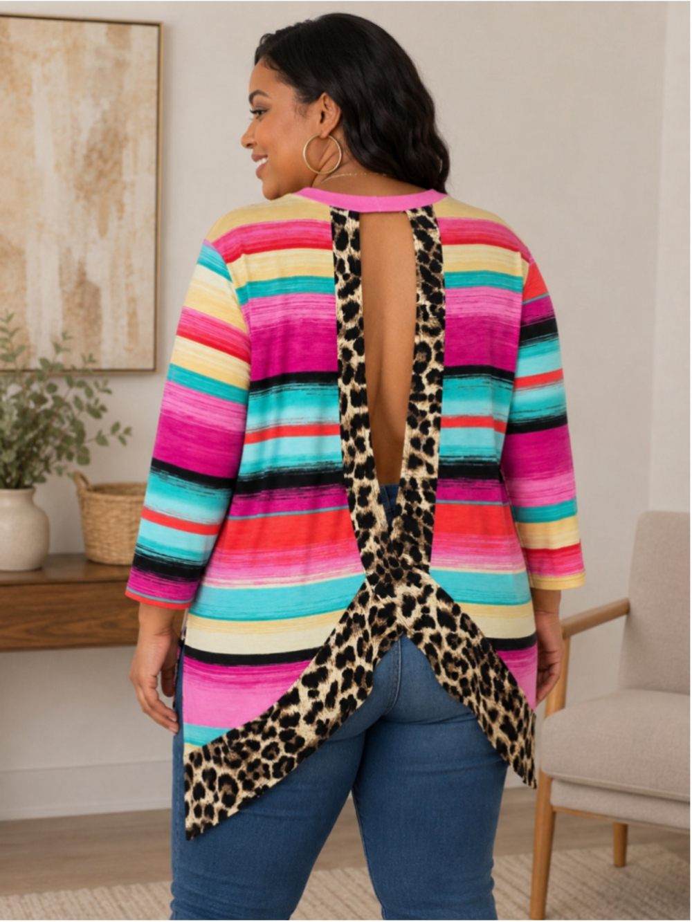 Now N Forever Plus L Striped Tunic with Leopard Back Women’s Size L